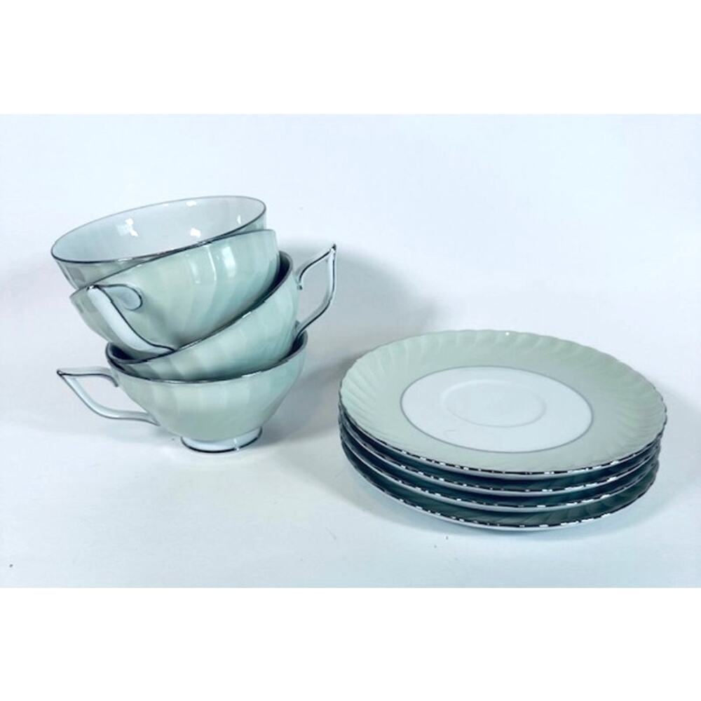 Royal Tettau South Wind Grey Green 4 Cups & Saucers Set Border Swirled w/ Trim